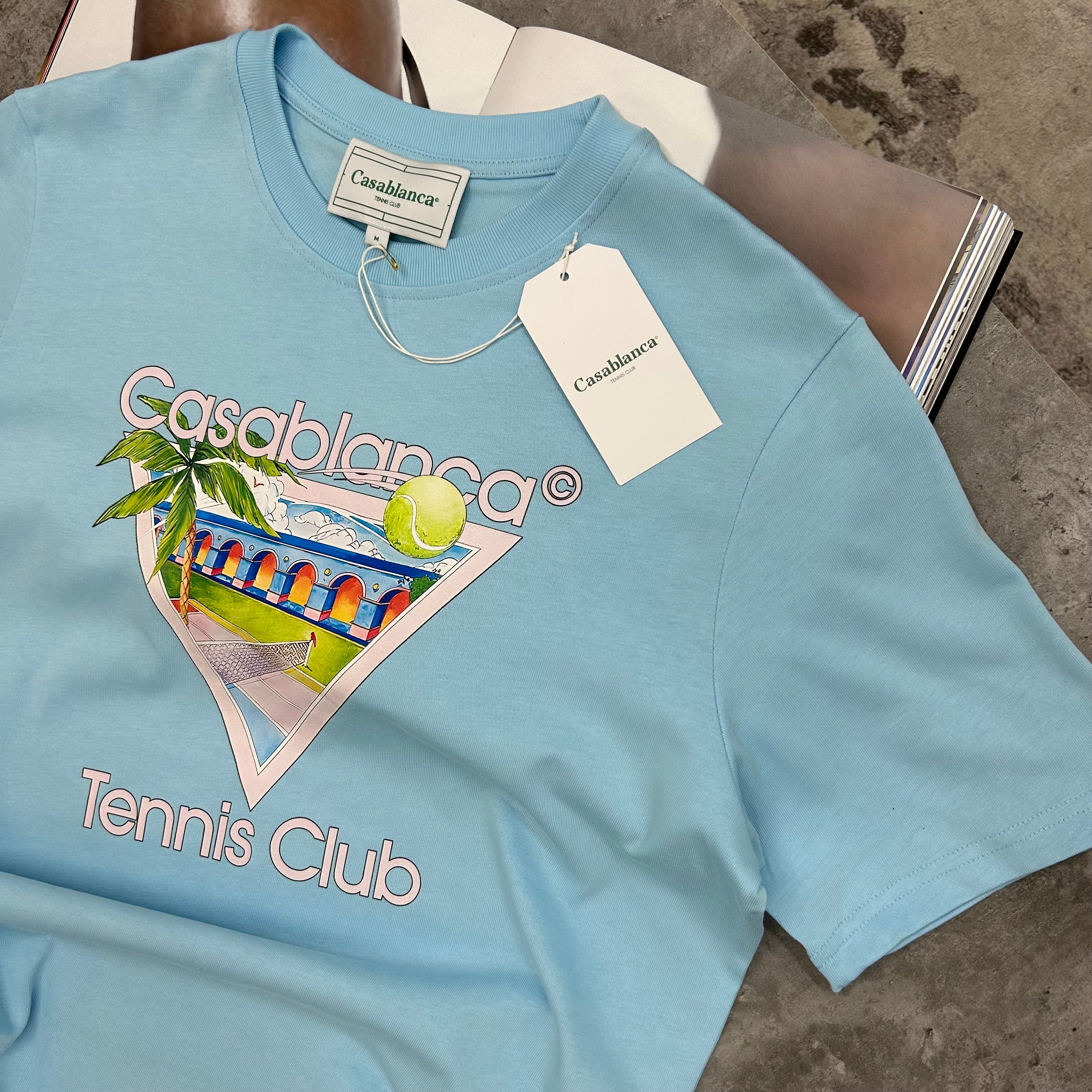 CASABLANCA - TENNIS CLUB T-SHIRT - SKY BLUE/PINK