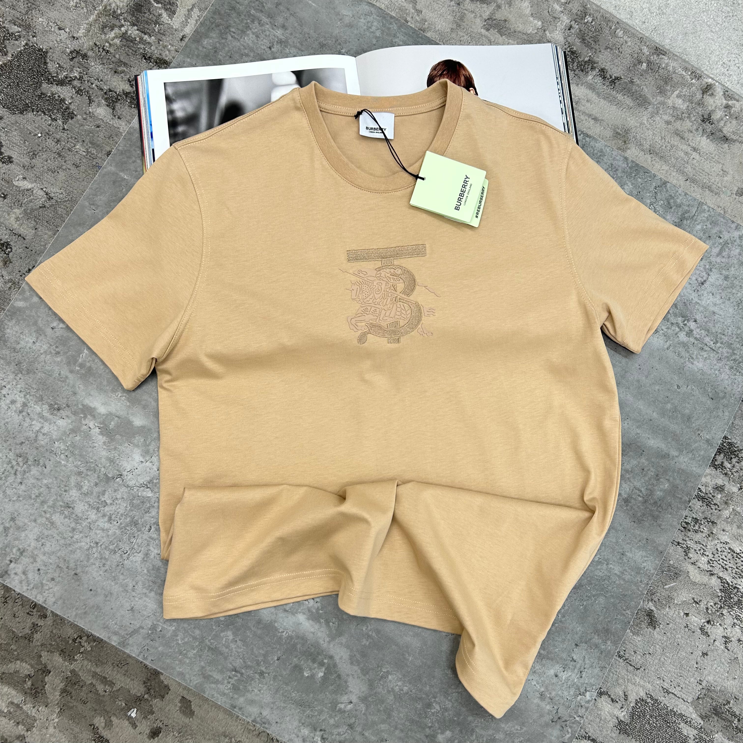 BURBERRY EMBROIDERED MONOGRAM T-SHIRT CAMEL
